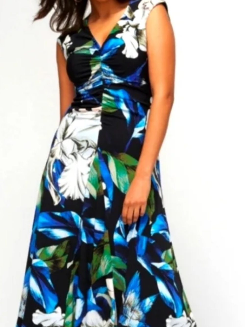 WHBM Floral Ruched Front V-Neck Midi Dress Black Blue Cap Sleeve M - Picture 4 of 10